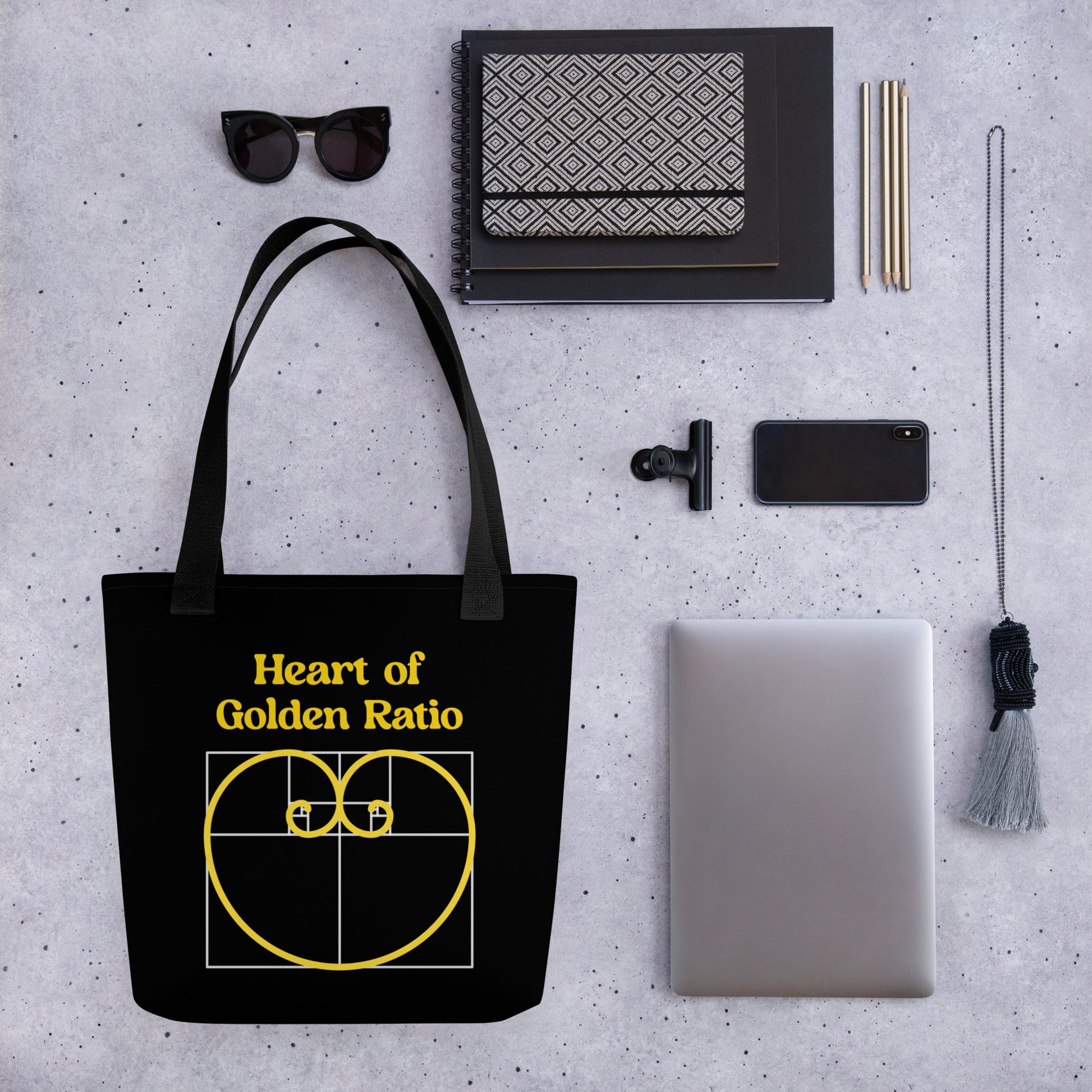 Tote bag - Heart of Golden Ratio - Black - Zen Math Art